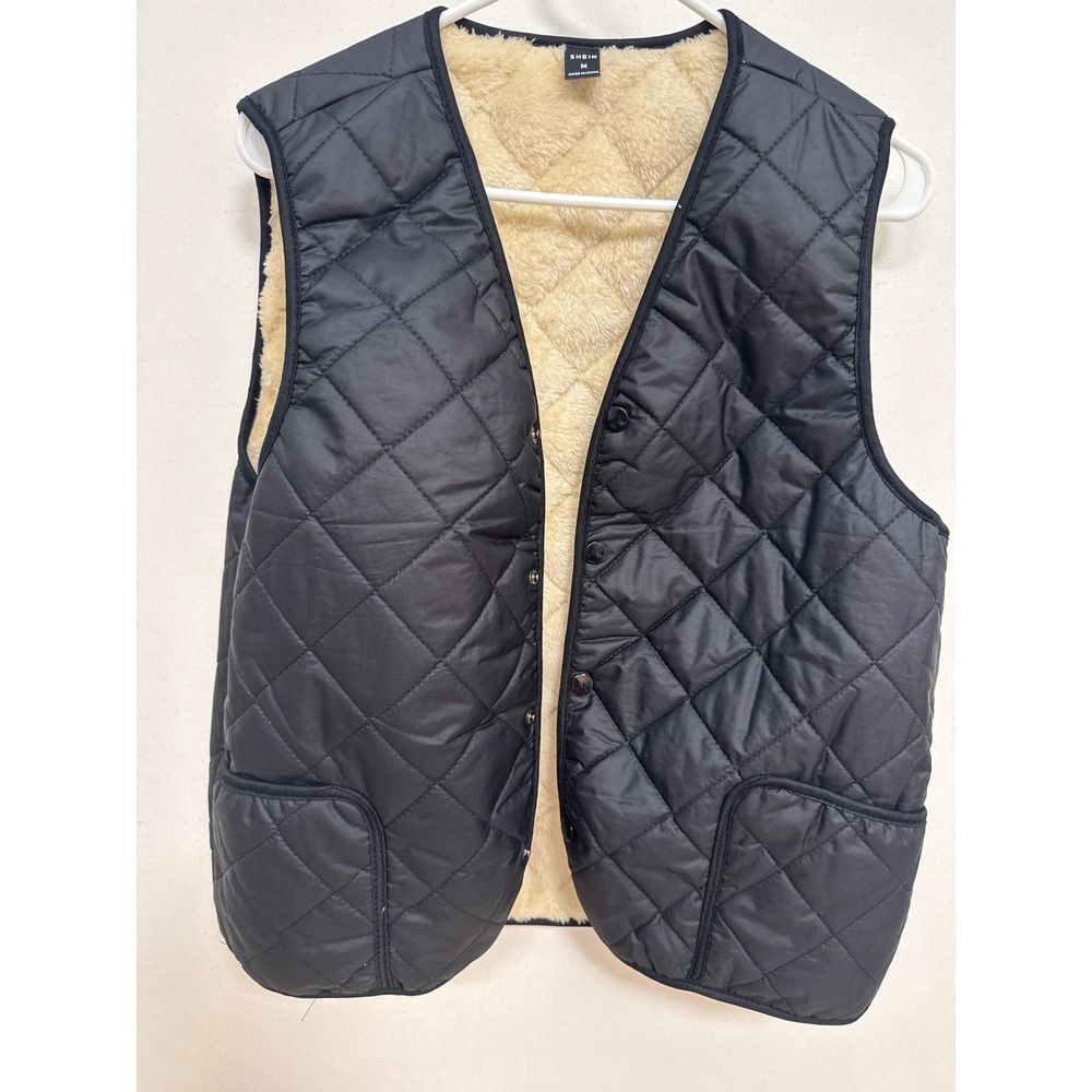 Shein Black Quilted Vest Faux Fur Lined Diamond Stitch Snap Front Pockets Size M